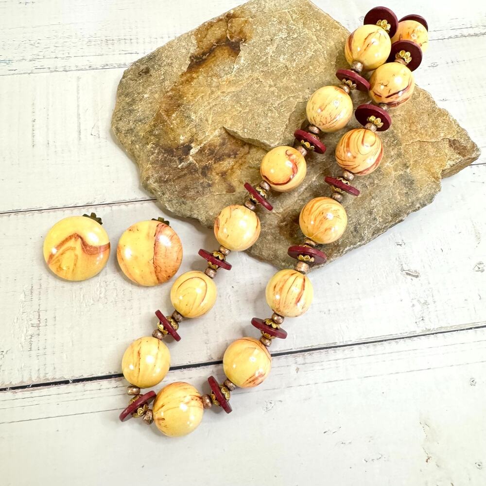Vtg Western Germany Necklace & Earrings Wood Chunky Swirl Plastic Coated Beads